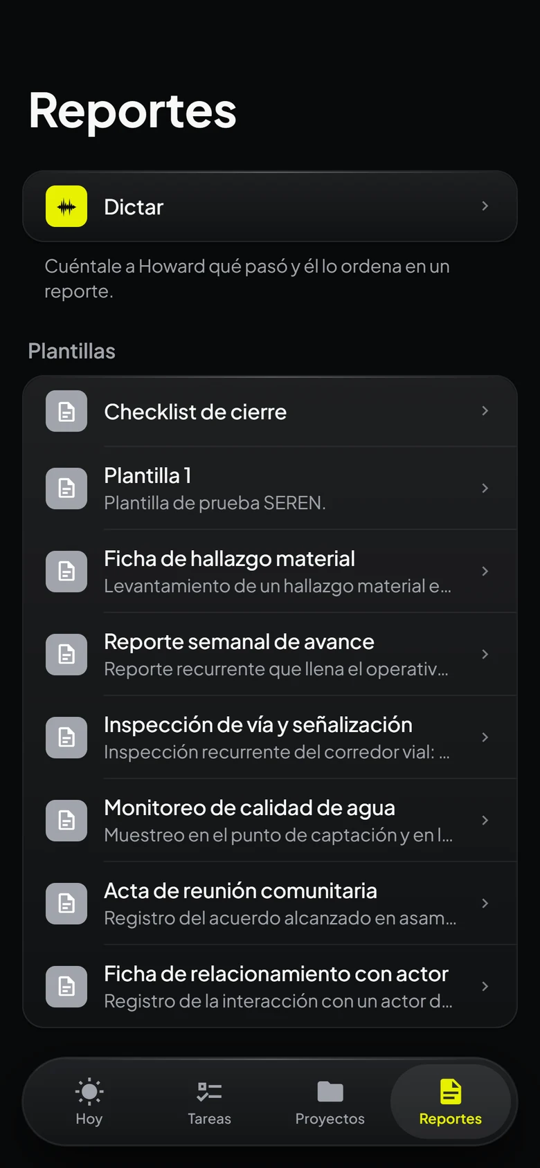 Seren mobile: report templates and dictation